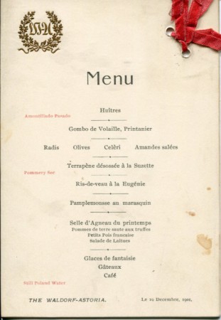 Waldorf-Astoria Menukarte 1901